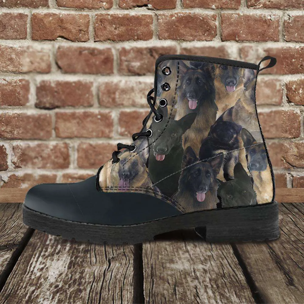 German Shepherds Collage Faux Leather 7 Eye Lace-up Boots