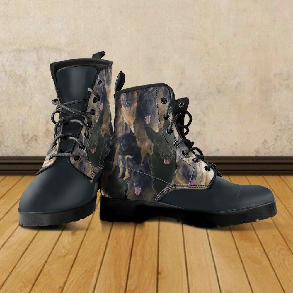 German Shepherds Collage Faux Leather 7 Eye Lace-up Boots