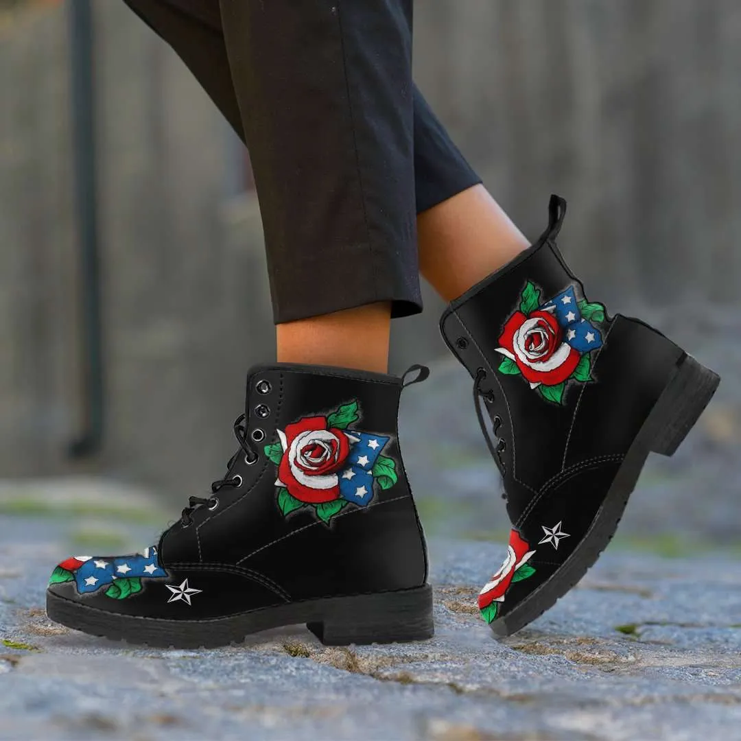US Flag Rose Vegan Leather Boots