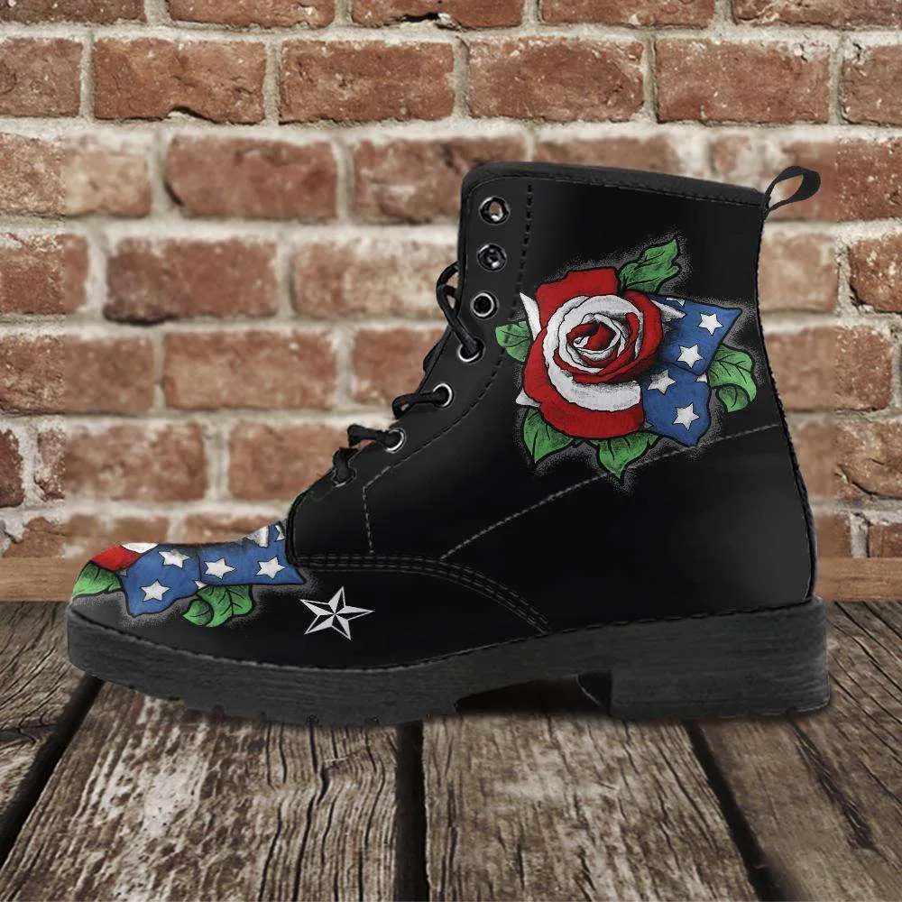 US Flag Rose Vegan Leather Boots